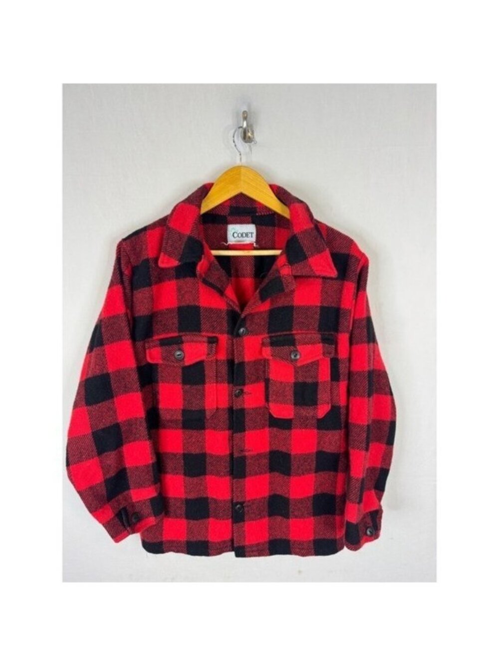 Vintage Codet Red Black Buffalo Plaid Wool Shirt Jacket Shacket Canada Medium